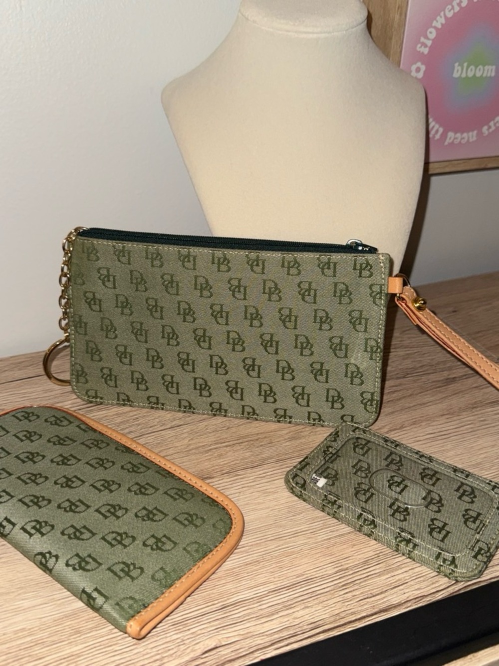 DB Monogram Olive Green Wristlet Pouch with Card Holder and Glasses Set